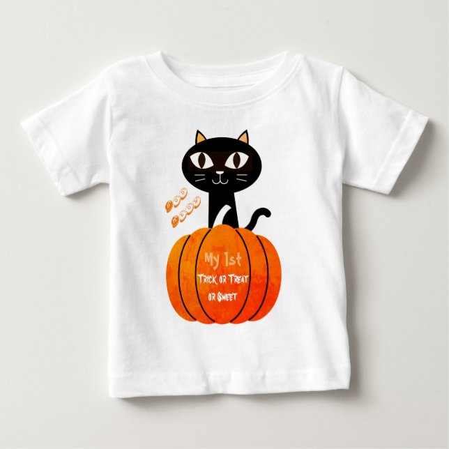 White Black Halloween Trick or Treat Cat Pumpkin Baby T-Shirt (Front)