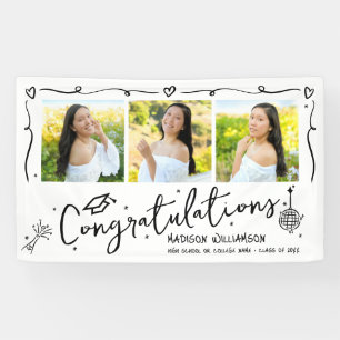 White Black Hand Drawn Doodles Graduation 3 Photo Banner