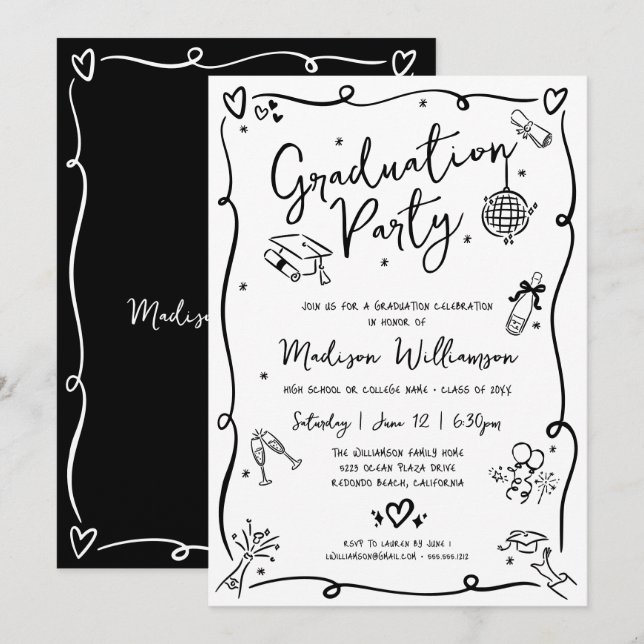 White Black Hand Drawn Doodles Graduation Party Invitation (Front/Back)