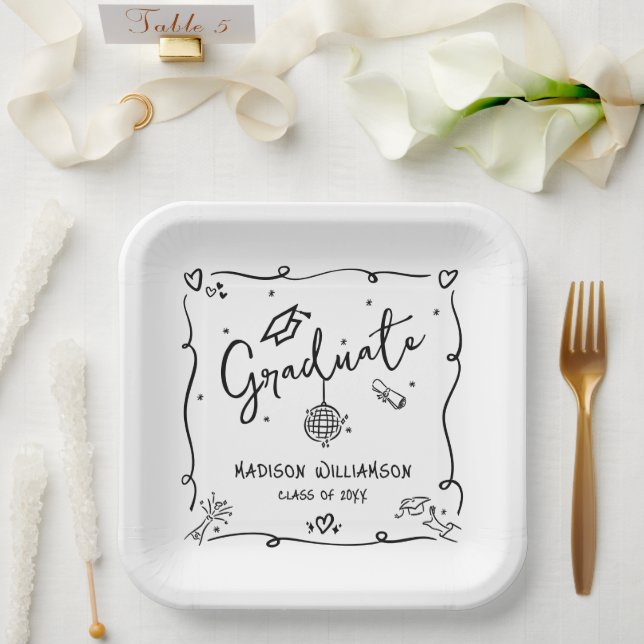 White Black Hand Drawn Doodles Graduation Quirky Paper Plates (Wedding)