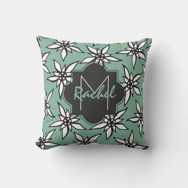 White & Black Hand Drawn Flowers on Teal Monogram Throw Pillow (Front)