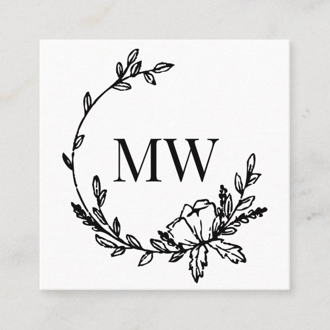 White & Black Hand Drawn Wreath Monogram Square Business Card (Front)
