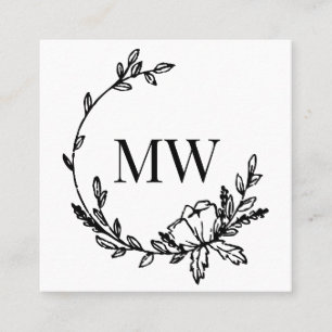 White & Black Hand Drawn Wreath Monogram Square Square Business Card
