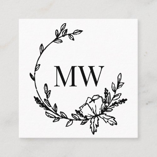 White  Black Hand Drawn Wreath Monogram Square Square Business Card