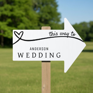 White & Black Heart Directions This Way to Wedding Sign