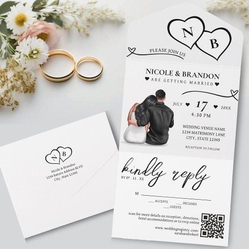 White  Black Heart Monogram Wedding All In On All In One Invitation