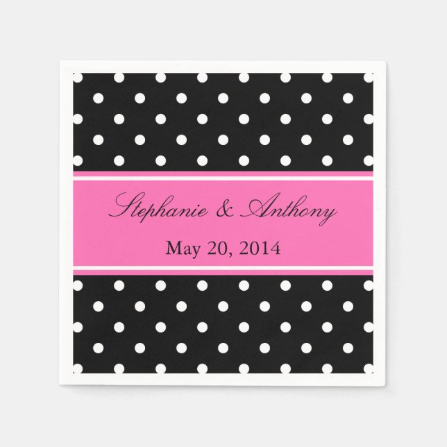 White Black, Hot Pink Polka Dot Wedding Paper Napkins (Front)