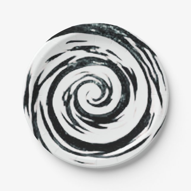 White & Black Hypnotic Swirl Art Paper Plates (Front)
