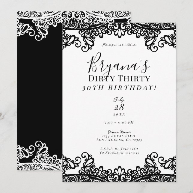 White & Black Lace Chic Dirty 30 30th Birthday    Invitation (Front/Back)