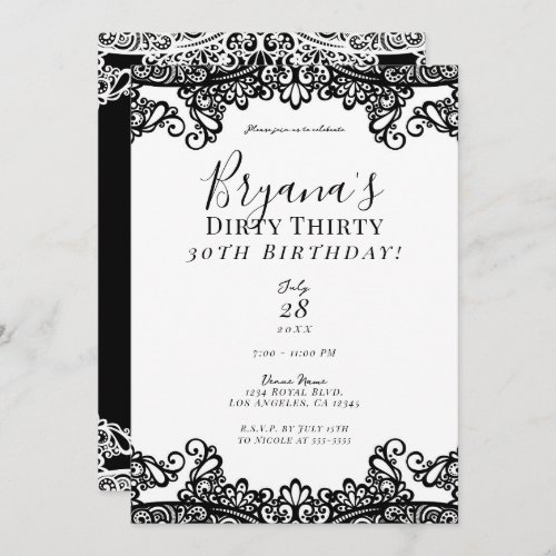 White  Black Lace Chic Dirty 30 30th Birthday    Invitation