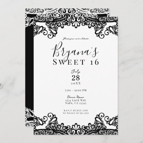 White  Black Lace Elegant Sweet 16 Party Invitation