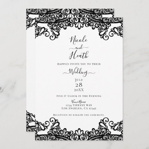 White  Black Lace Elegant Wedding  Invitation