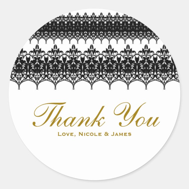 White & Black Lace Look Elegant Wedding Favor Classic Round Sticker (Front)