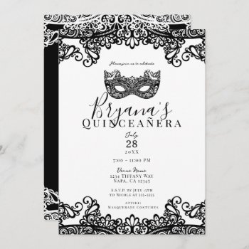 White & Black Lace Masquerade 15th Quinceañera Invitation by printabledigidesigns at Zazzle