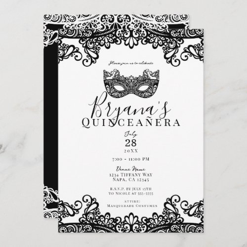 White  Black Lace Masquerade 15th Quinceaera Invitation