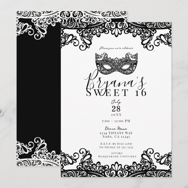 White & Black Lace Masquerade Sweet 16 Party Invitation (Front/Back)