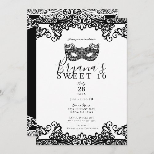 White  Black Lace Masquerade Sweet 16 Party Invitation