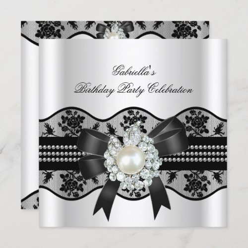 White Black Lace Pearl Elegant Birthday Party Invitation