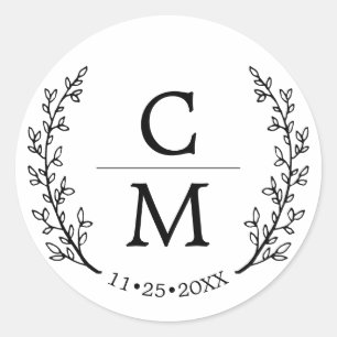 White Black Laurel Branches Monogram Wedding Classic Round Sticker