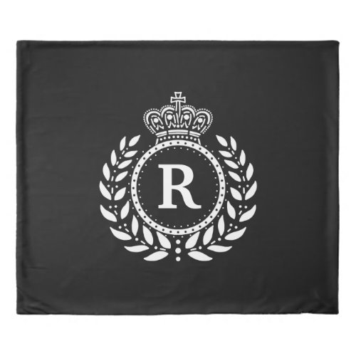 White Black Laurel Wreath Crown Monogram  Royal Duvet Cover