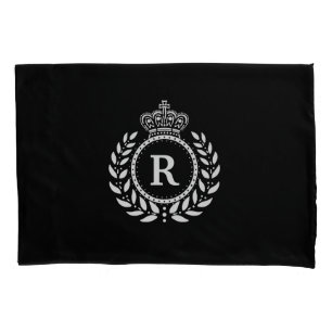 White Black Laurel Wreath Crown Monogram Royal Pillowcase