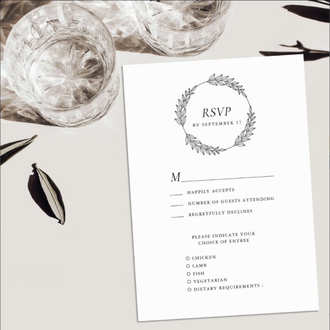 White Black Leaf Wreath Minimalist Wedding RSVP Card (Creator Uploaded)