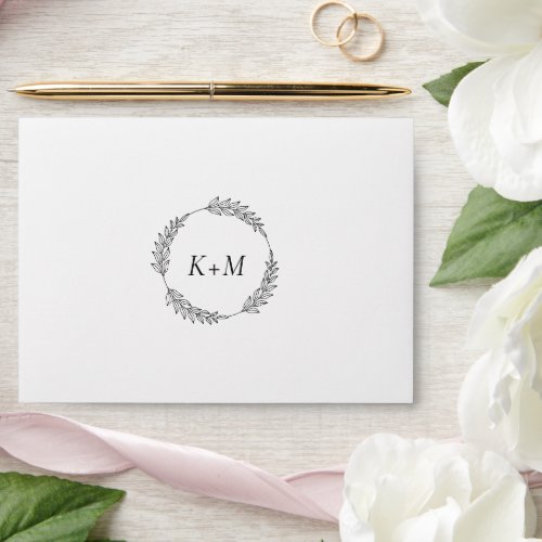White Black Leaf Wreath Modern Monogram Wedding Envelope