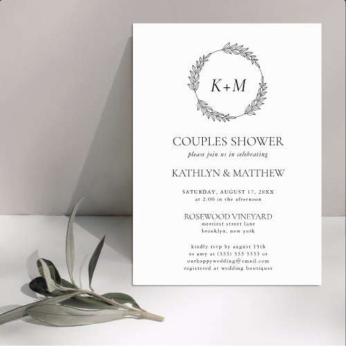 White Black Leaf Wreath Monogram Couples Shower Invitation