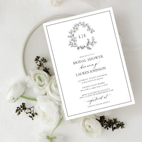 White Black Leafy Crest Monogram Bridal Shower Invitation