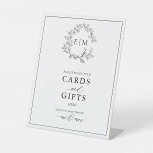 White Black Leafy Crest Monogram Card & Gifts Pedestal Sign