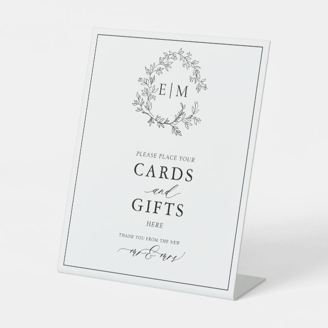 White Black Leafy Crest Monogram Card & Gifts Pedestal Sign (Front)