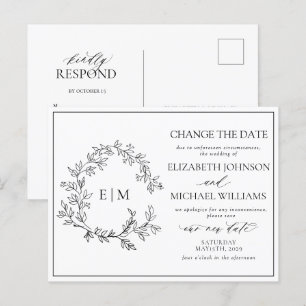 White Black Leafy Crest Monogram Change The Date Invitation Postcard