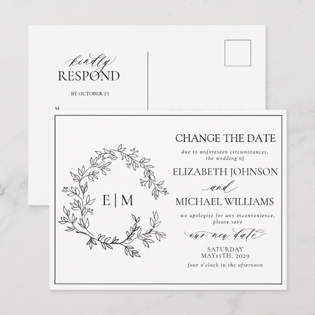 White Black Leafy Crest Monogram Change The Date Invitation Postcard (Front/Back)