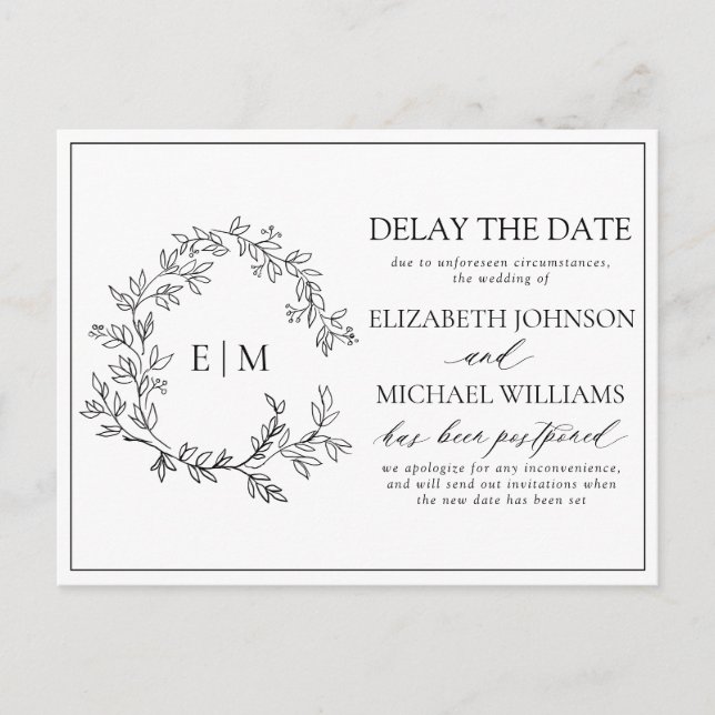 White Black Leafy Crest Monogram Delay The Date Invitation Postcard (Front)