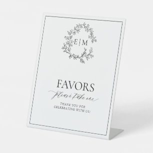 White Black Leafy Crest Monogram Favors Pedestal Sign