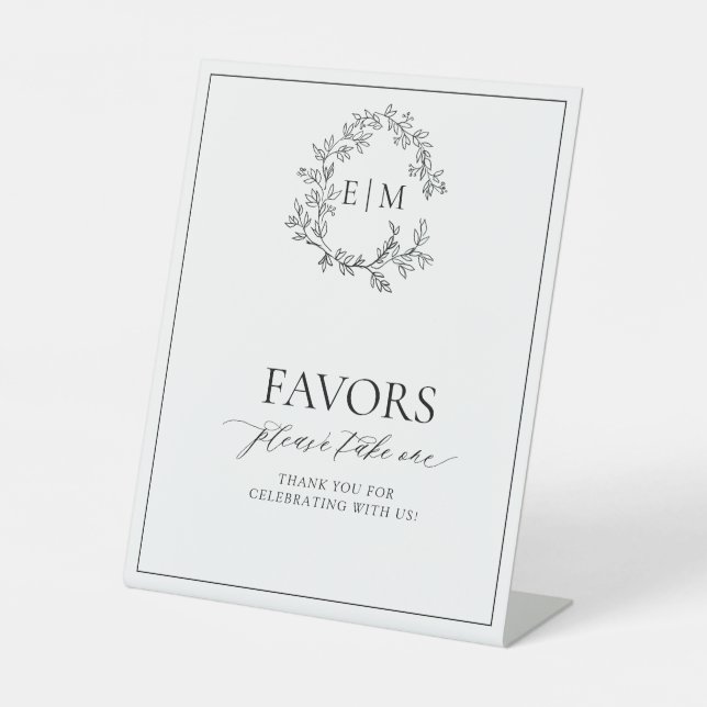 White Black Leafy Crest Monogram Favors Pedestal Sign (Front)