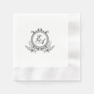 White Black Leafy Crest Monogram Napkins