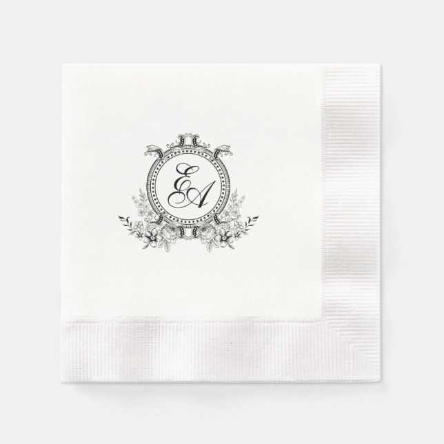 White Black Leafy Crest Monogram Napkins (Front)