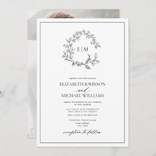 White Black Leafy Crest Monogram Photo Wedding Invitation - We're loving this trendy, modern white and black photo wedding invitation! Simple, elegant, and oh-so-pretty, it features a hand drawn leafy wreath encircling a modern wedding monogram. It is personalized in elegant typography, and accented with hand-lettered calligraphy. Finally, it is trimmed in a delicate frame and the back of the card showcases your favorite engagement photo. Veiw suite here: 
https://www.zazzle.com/collections/black_white_leafy_crest_monogram_wedding-119655862125661501 Contact designer for matching products to complete the suite, OR for color variations of this design. Thank you sooo much for supporting our small business, we really appreciate it! 
We are so happy you love this design as much as we do, and would love to invite
you to be part of our new private Facebook group Wedding Planning Tips for Busy Brides. 
Join to receive the latest on sales, new releases and more! 
https://www.facebook.com/groups/622298402544171  
Copyright Anastasia Surridge for Elegant Invites, all rights reserved.
