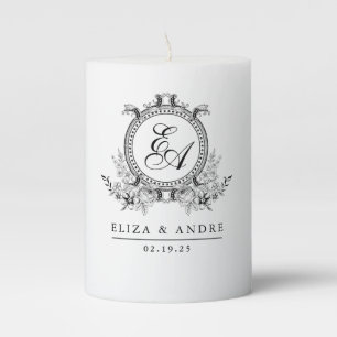 White Black Leafy Crest Monogram Pillar Candle