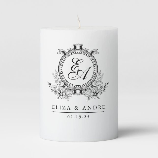 White Black Leafy Crest Monogram Pillar Candle (Front)