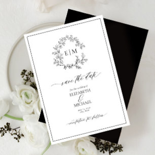 White Black Leafy Crest Monogram Save the Date Invitation