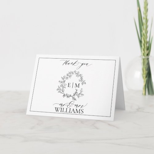 White Black Leafy Crest Monogram Thank You Card