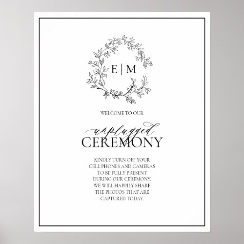 White Black Leafy Crest Monogram Unplugged Wedding Poster