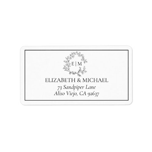 White Black Leafy Crest Monogram Wedding Address Label