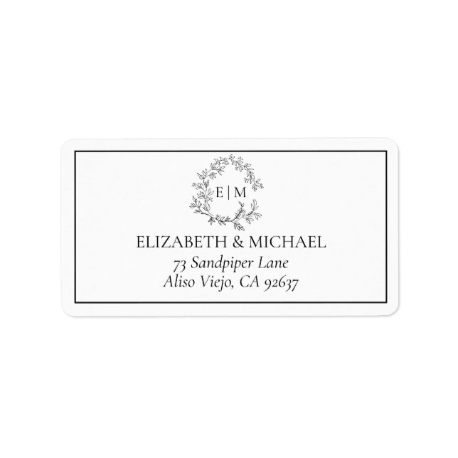 White Black Leafy Crest Monogram Wedding Address Label (Front)
