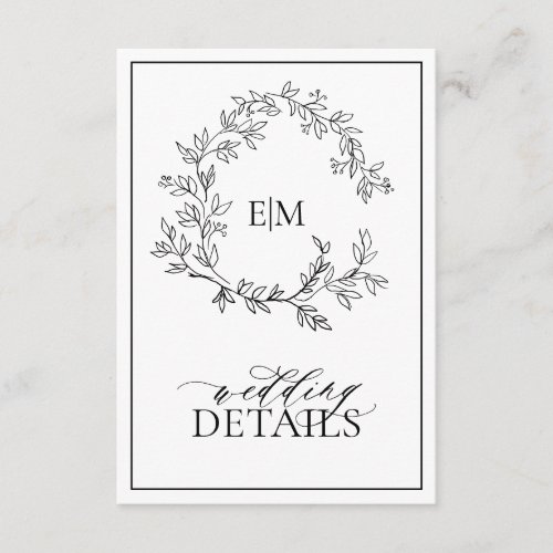 White Black Leafy Crest Monogram Wedding Details Enclosure Card