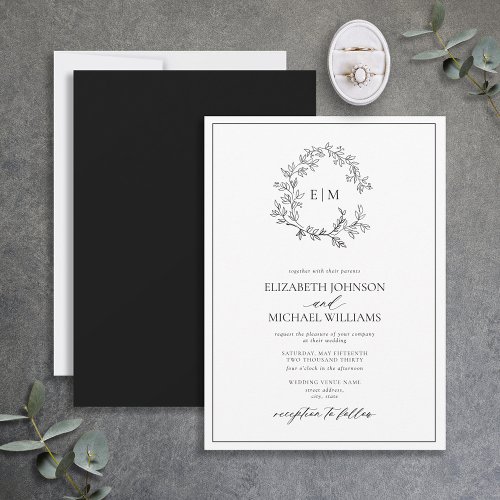 White Black Leafy Crest Monogram Wedding Invitation