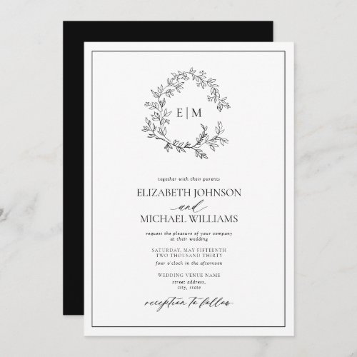 White Black Leafy Crest Monogram Wedding Invitation - We're loving this trendy, modern white and black wedding invitation! Simple, elegant, and oh-so-pretty, it features a hand drawn leafy wreath encircling a modern wedding monogram. It is personalized in elegant typography, and accented with hand-lettered calligraphy. Finally, it is trimmed in a delicate frame. Veiw suite here: 
https://www.zazzle.com/collections/black_white_leafy_crest_monogram_wedding-119655862125661501 Contact designer for matching products to complete the suite, OR for color variations of this design. Thank you sooo much for supporting our small business, we really appreciate it! 
We are so happy you love this design as much as we do, and would love to invite
you to be part of our new private Facebook group Wedding Planning Tips for Busy Brides. 
Join to receive the latest on sales, new releases and more! 
https://www.facebook.com/groups/622298402544171  
Copyright Anastasia Surridge for Elegant Invites, all rights reserved.
