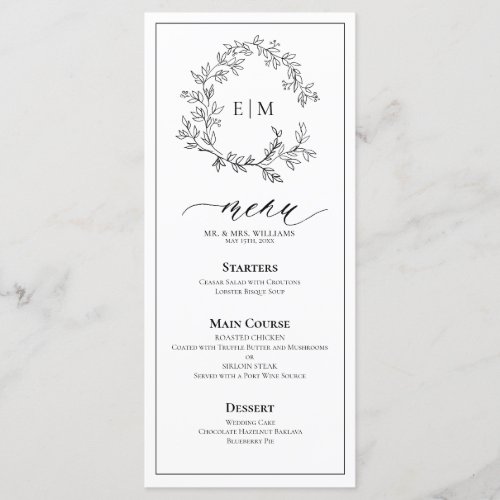 White Black Leafy Crest Monogram Wedding Menu